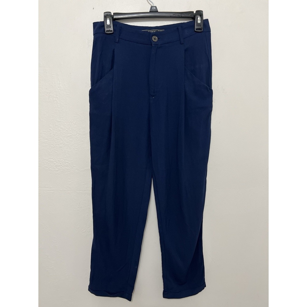ZARA TRAFALUC Navy 100% Viscose‎ High Rise Cuffed Tapered Cropped Pants Sz S